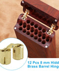 12 Pack 8 Mm Hidden Brass Barrel Hinges For Furniture And Jewelry Boxes With 180 Degree Opening Angle Durable Concealed Hinges For DIY Crafting Projects And Quick Install displayed with wooden box installation.