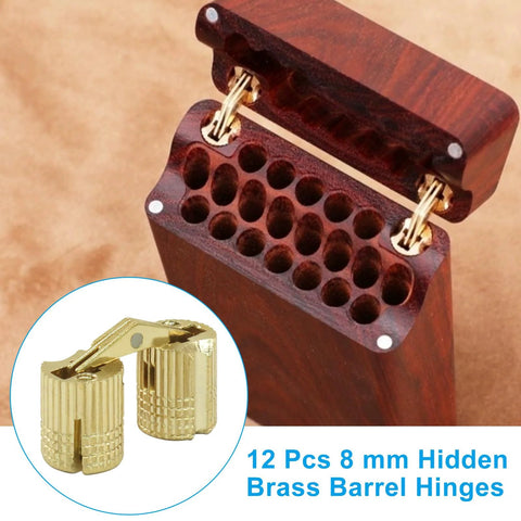 12 Pack 8 Mm Hidden Brass Barrel Hinges For Furniture And Jewelry Boxes With 180 Degree Opening Angle Durable Concealed Hinges For DIY Crafting Projects And Quick Install displayed with wooden box installation.