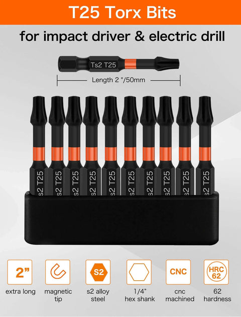 T25 Torx bit set for impact drivers, 10-pack, S2 alloy steel, 2 in (50 mm) length, magnetic tip