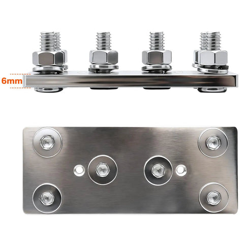 Heavy Duty 500A Bus Bar Tin Plated Copper Junction Block with six M8 Studs and 6mm thickness for power distribution.