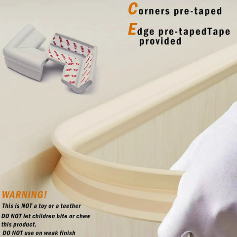 Foolproof Nbr Foam Edge Guards For Baby Proofing Living Space Plus Four Molded Corner Bumpers High Density Shock Absorbing Padding To Block Sharp Table Edges In Warm Beige, showing pre-taped corner bumper installation.