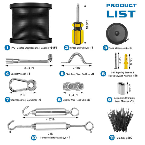 Product list for 164 Ft Vinyl Coated 304 Stainless Steel Cable String Light Hanging Kit With Guide Wire Turnbuckles And Hooks.