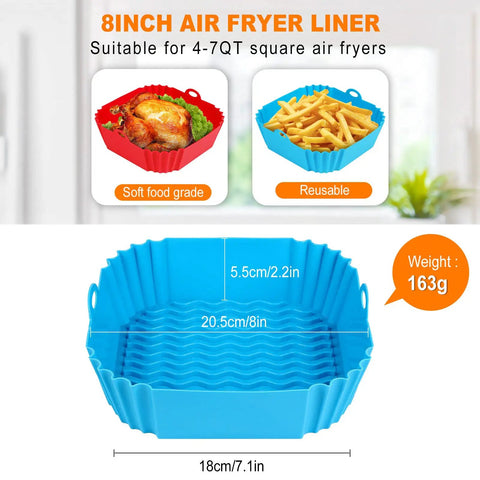 Two Pack 8 Inch Square Silicone Air Fryer Liners Reusable Inserts For 4 To 7 Qt Ovens Thick 67 Mil Food Grade Silicone Red And Blue Nonstick