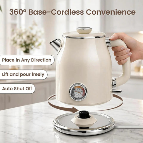Retro Electric Kettle 1.7L With Stainless Steel Interior No Plastic Contact Double Wall Cool Touch Fast Boil 1500W Thermometer