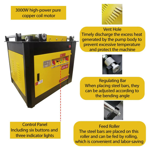 Heavy Duty Electric Rebar Bender With Zero To One Eighty Degree Adjustable Pivot And Rock Solid Cast Iron Frame Built Like A Tank For Tough Job Site Work And Steel Bends showing 3000W copper motor and control panel features.