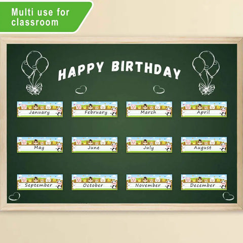 Farm Animal Desk Name Plates for Kids, Back to School Classroom Decor displayed on birthday chart with farm theme.