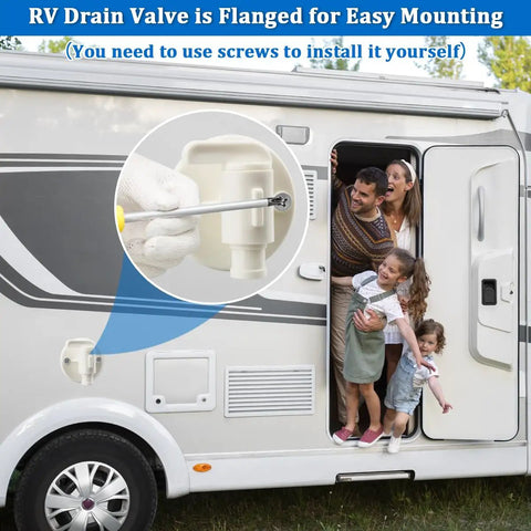 Family in RV with focus on low point drain valve for fresh water tank, showing installation process next to open door