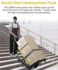 Man using Heavy Duty Electric Stair Climber Hand Truck That Crushes 441 Lbs Loads With Ease on stairs, transporting boxes.