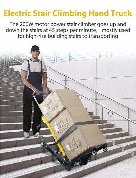Man using Heavy Duty Electric Stair Climber Hand Truck That Crushes 441 Lbs Loads With Ease on stairs, transporting boxes.