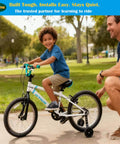 Child riding bike with Heavy Duty Training Wheels For 12 14 16 18 20 Inch Kids Bikes, Universal Fit On Most Single Speed Bicycles