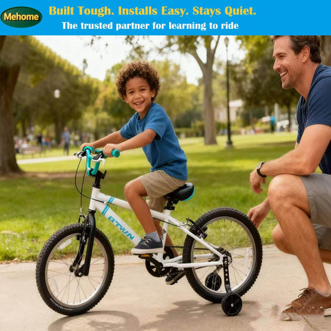 Child riding bike with Heavy Duty Training Wheels For 12 14 16 18 20 Inch Kids Bikes, Universal Fit On Most Single Speed Bicycles