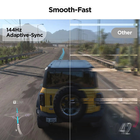 27 Inch Curved FHD 1080p Gaming Monitor With 144Hz Refresh Rate showing adaptive-sync feature in racing game.