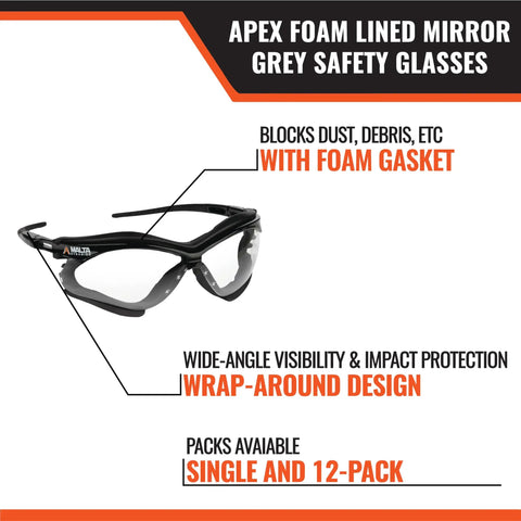 Tough As Nails Foamlined Safety Glasses With Anti Scratch Polycarbonate Lenses Wraparound Vision Ansi Z87 Certified grey safety glasses with foam gasket.