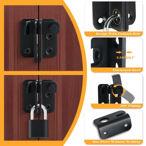 Heavy Duty Stainless Steel Flip Latch With Slide Bolt In Matte Black For Barn Cabinet Pet Cage Garden Garage And Window Doors Tough As Nails Lock Catch That Stays Locked And Holds Tight shown installed on wooden doors