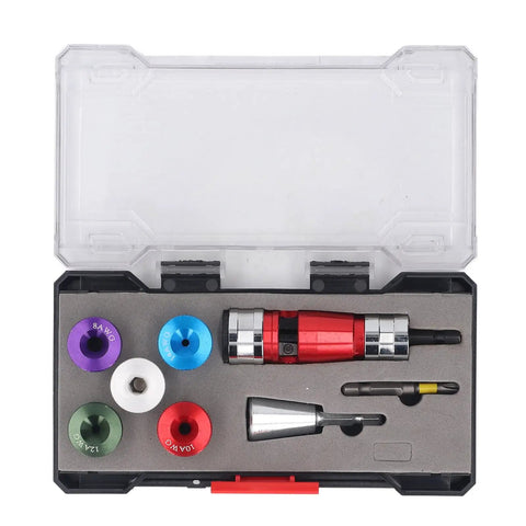 Jiawu Electric Drill Wire Stripper Bits Set For 6-14 AWG Solid Al Cable in a plastic case with color-coded stripping heads.