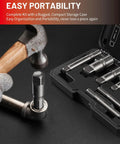 9-Piece Pipe Extractor Set for Broken Nipples and Stripped Fittings, shows tools with a storage case and a hammer in use.
