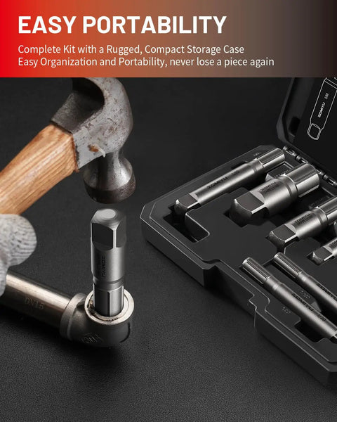 9-Piece Pipe Extractor Set for Broken Nipples and Stripped Fittings, shows tools with a storage case and a hammer in use.