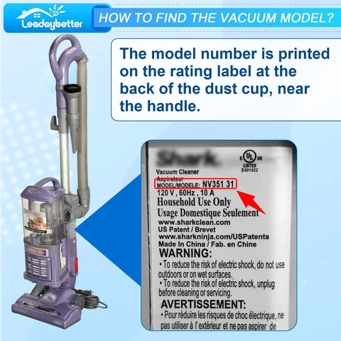 Diagram showing how to find the model number for Shark Navigator Lift Away Deluxe vacuum for Best Value Replacement Vacuum Filter Set