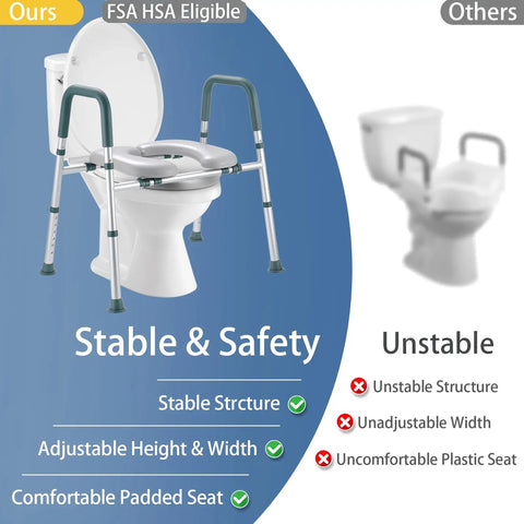 Straight Up Raised Toilet Seat With Cozy Padded Handles And Adjustable Height For Seniors with padded arms and adjustable height.