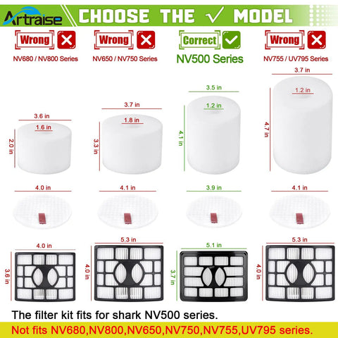 Wide Compatible Filter Replacement For Rotator Pro Lift Away Vacuum NV500 Series illustration indicating correct sizes and models.