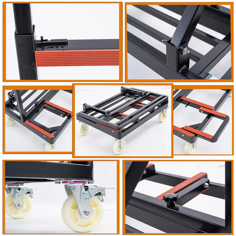 This Workhorse Heavy Duty Drywall Moving Cart With 2400 Lbs Capacity showing adjustable heights and 6 inch wheels close-up