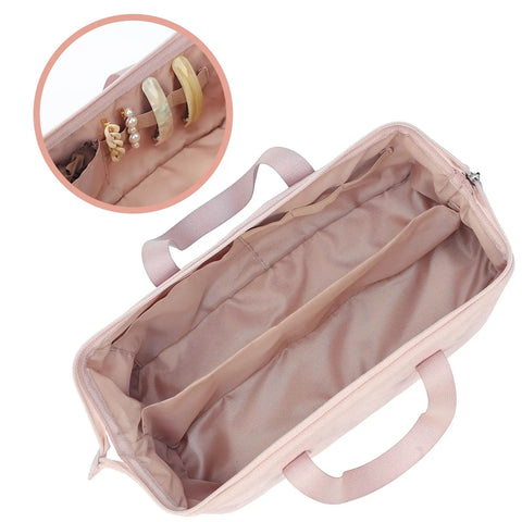 Travel Hair Tools Case And Organizer For Airwrap And Dryer Attachments Portable Pink Storage Bag with dividers open view