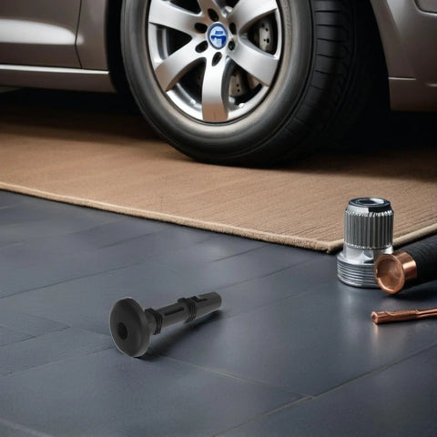 Upgrade Your Ride With Premium 2 Pair Black Plastic Car Seat Headrest Guides featuring Shock Absorption Locking Pins And Round Sleeves For Easy Tool-Free Swap And Secure Fit On Most Vehicle Makes And Models., black plastic headrest guide shown beside car wheel