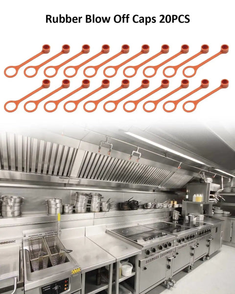 Swap Out Your Dirty Grease Covered Nozzles With These Durable Rubber Blow Off Caps For Kitchen Suppression Vent Hood Systems And Stay Ready For Any Fire Inspection With A Full Kit Of Twenty Caps above a commercial kitchen setup.