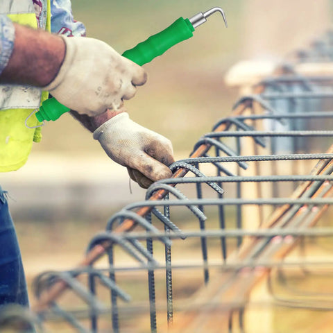 Worker using Two Piece Automatic Rebar Tie Wire Twister Tool Set With Curved And Straight Hooks For On Site Concrete Metal Wire Twisting