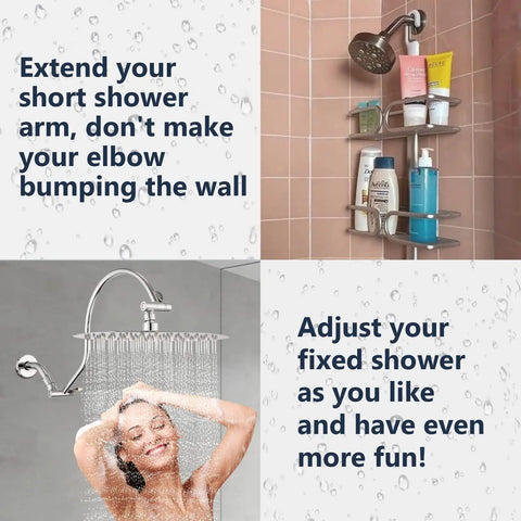 10 Inch Rain Shower Head With 12 Inch Adjustable Extension Arm No Fuss All Metal Chrome Finish High Pressure Rainfall displayed in bathroom setting.
