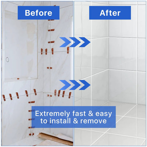 Before-and-after installation using Pro Grade Tile Leveling Clips And Spacers Kit With Four Thousand Two Hundred Pieces For Ceramic Tile And Stone Installations Delivers One Thirty Second Inch Grout Gaps And A Smooth Easy Pro Leveling System.