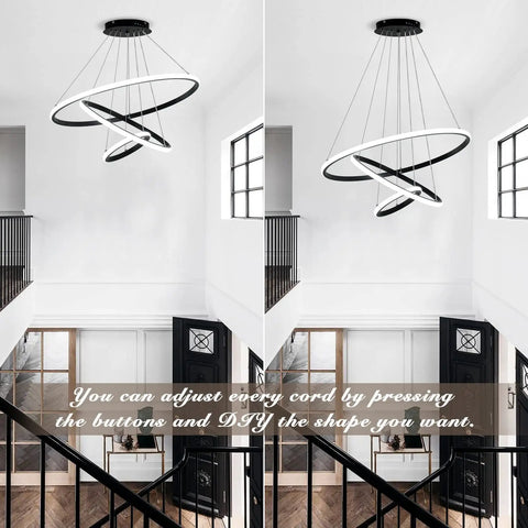 Cool Black LED Chandelier With 3 Color Temps 3000K 4000K 6000K, 60W Hanging Light Fixture in modern white room