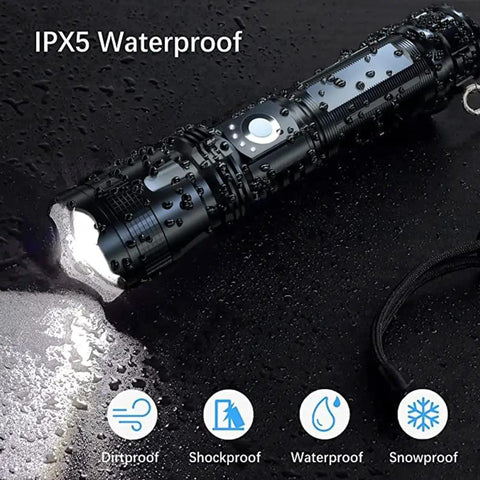 90000 Lumens Rechargeable Flashlight Beast Mode Bright With 5 Modes Handheld LED Light in rain showcasing IPX5 waterproof