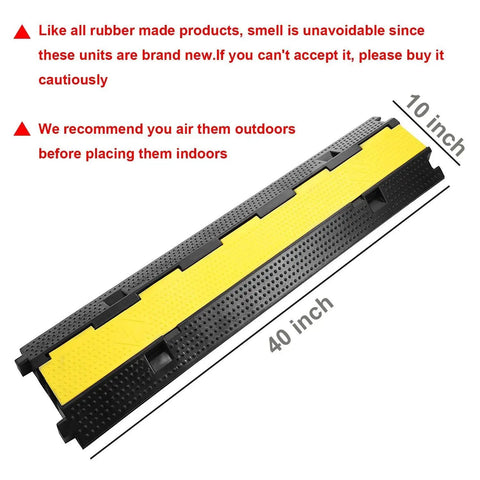Three Pack Dual Channel Rubber Cable Protector Ramp for Driveways and Floors shown with dimensions 40x10 inches, yellow flip open top