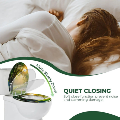 Resin Toilet Seat for Home Bathroom with quiet close feature, showing soft close function and nature design.