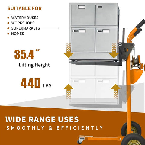 Heavy Duty Winch Stacker And Hand Truck Duo Moving Pallets And Gear Up To Thirty Five Inches High With Smooth Rollers Built For No Sweat Loading On Busy Garages And Tough Job Sites