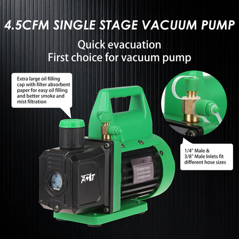 Vacuum Pump And Gauge Set With Brass Manifold, 4.5 CFM, Quick Couplers; green and black single-stage pump with handle and fittings.