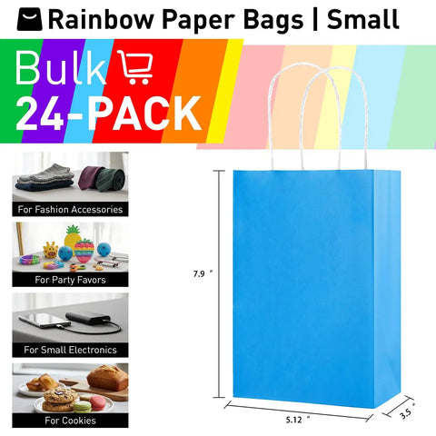 Rainbow Gift Bags With Handles Set 24 Pack 8 Inch Multi Color Paper Party Favor Bags For Goodies Birthdays Events Classrooms