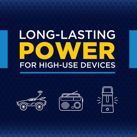 Illustration showing a toy car, radio, and flashlight under the text 'Long-Lasting Power for High-Use Devices'.