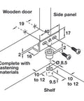 Diagram of Black Concealed Hinges For Inset Doors Pair, 40mm Wide, 17mm High, 16mm Deep, with 8.5mm drill bit requirement, includes screws.