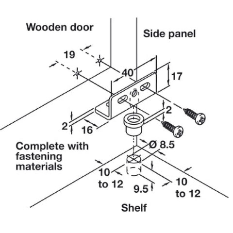 Diagram of Black Concealed Hinges For Inset Doors Pair, 40mm Wide, 17mm High, 16mm Deep, with 8.5mm drill bit requirement, includes screws.