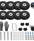 8 Piece Luggage Replacement Wheel Set With Rubber Swivel Casters And Ball Bearings, assorted parts including gloves and axle rods