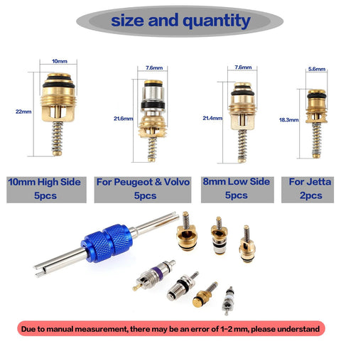 Front view of OCR 40pcs car AC valve cores kit with blue dual-head dismantling tool.