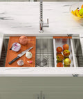 Undermount 33 Inch Stainless Steel Workstation Kitchen Sink Heavy-Duty 16 Gauge 304 Handmade Welded Construction With Accessories Round Corner Brushed Wear-Resistant Finish Deep Single Bowl Measures 33x19x10 Inches Model DCU7701 installed with cutting board and colander.