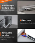 15 Inch Soft Close Undermount Drawer Slides Full Extension 80 Lb Heavy Duty Concealed Rails With Rear Mount Brackets For Five Eighths Inch Side Thickness Easy Install For Face Frame Or Frameless Cabinets 1 Pair, close-up showing multiple hole positioning, fixed base, and removable handles features
