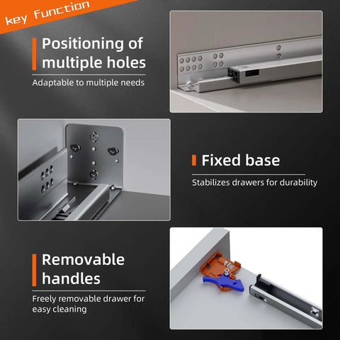 15 Inch Soft Close Undermount Drawer Slides Full Extension 80 Lb Heavy Duty Concealed Rails With Rear Mount Brackets For Five Eighths Inch Side Thickness Easy Install For Face Frame Or Frameless Cabinets 1 Pair, close-up showing multiple hole positioning, fixed base, and removable handles features