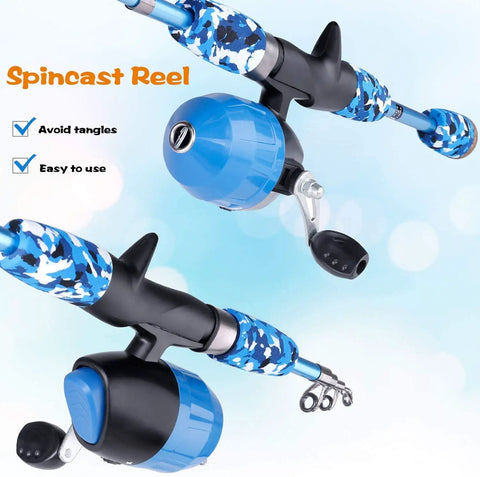 Blue camo spincast reel close-up from Kids Fishing Pole Starter Kit With Tackle Box Reel Practice Plug Beginner Guide And Travel Bag 2 Pack