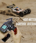 RC4GS V3 2.4G 5 Channel RC Transmitter And Receiver With Built In Gyro controlling racing car on dirt track