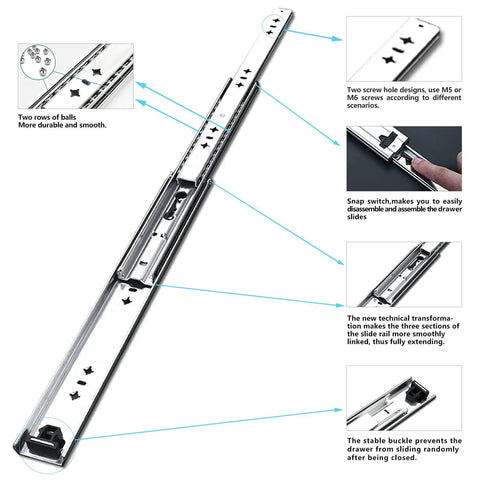 Rugged 40 Inch Drawer Slides Full Extension Ball Bearing Stainless Steel Side Mount Rails 260 lb per pair with screws