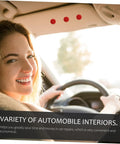 Woman driving a car, interior view showing headliner with red fabric accents, variety of automobile interiors highlighted.